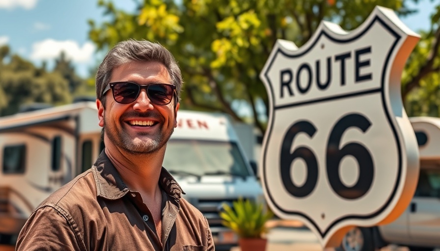 Smiling man next to Route 66 sign with RV in background, Route 66 Road Trips.