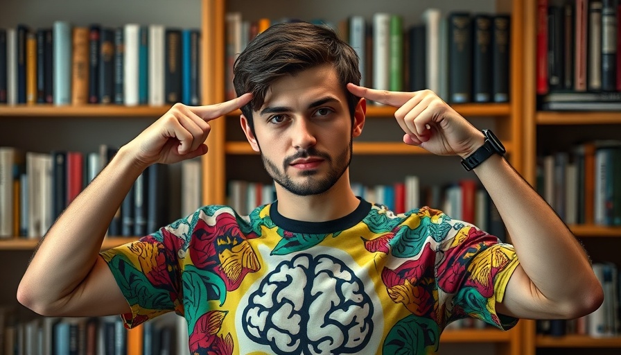 Focused individual promoting morning habits for brain rewiring, standing by a bookshelf.