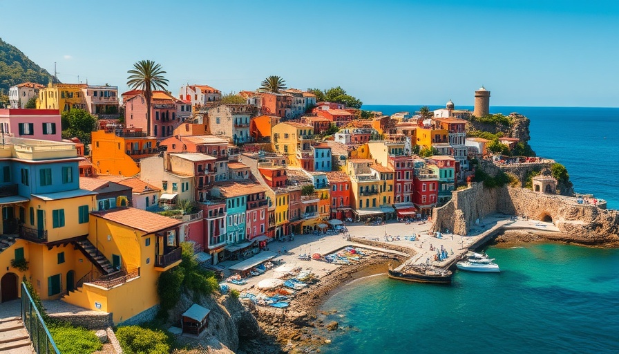 Scenic Views of a vibrant coastal town with colorful buildings.