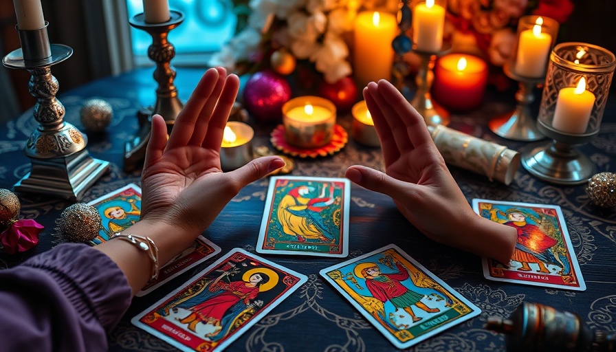 Mystical tarot card setup with hands, energy alignment theme.