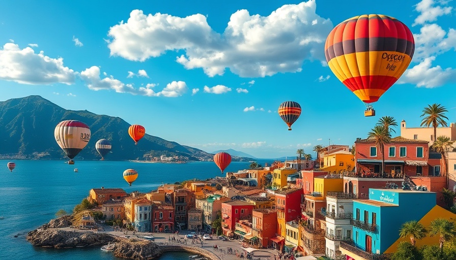 Scenic views of Corsica with colorful town and hot air balloons.