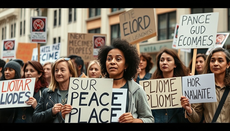 Protesters with signs in urban setting calling for peaceful resolution.