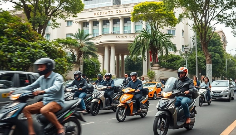 Busy street with motorbikes and cars near an embassy.