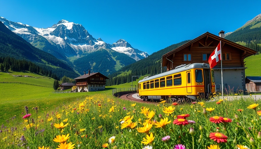 Scenic View of a Swiss landscape with a train and mountains.