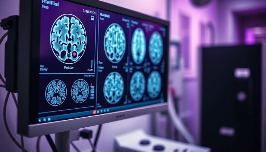 Brain scan display on monitor in clinical setting for brain tumors signs.