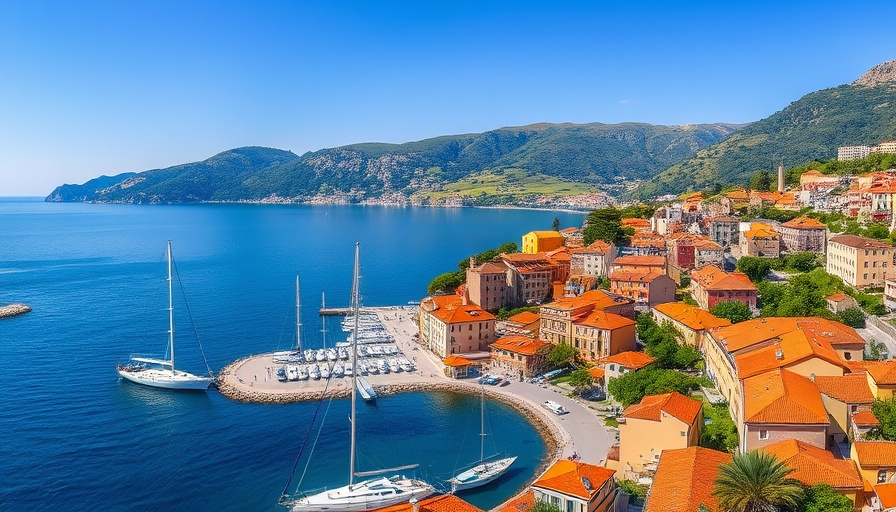 Scenic Views of the Adriatic Sea with coastal town and marina.