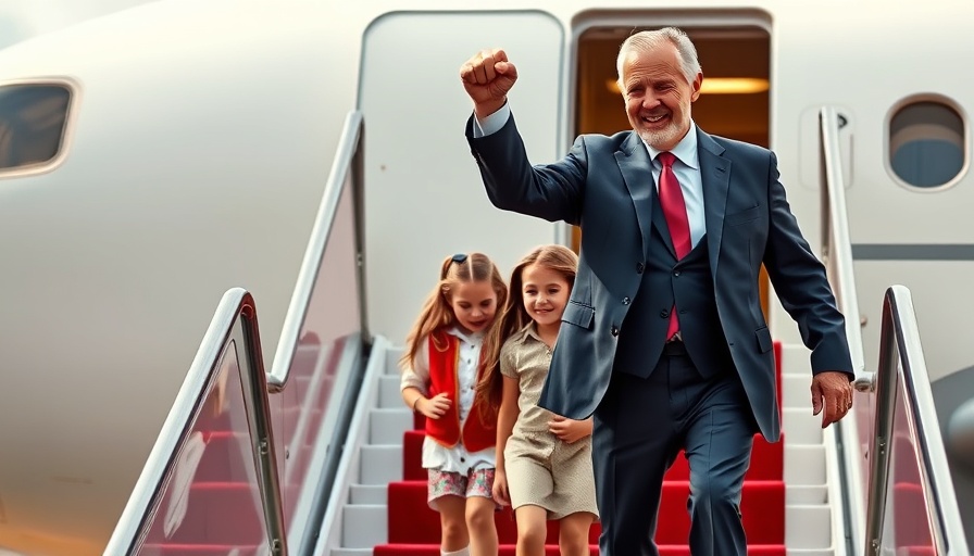 Distinguished older man on airplane steps with children, Trump's Tariff on India.