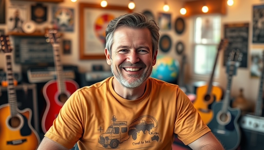 Man in RV-themed shirt in music studio for RV Travel.