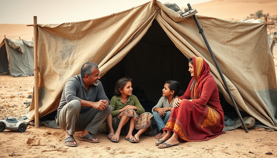 Gaza family seeking food outside a tent, showing resilience.