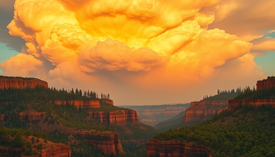 Fire cloud formation over Grand Canyon megafire with forest foreground.