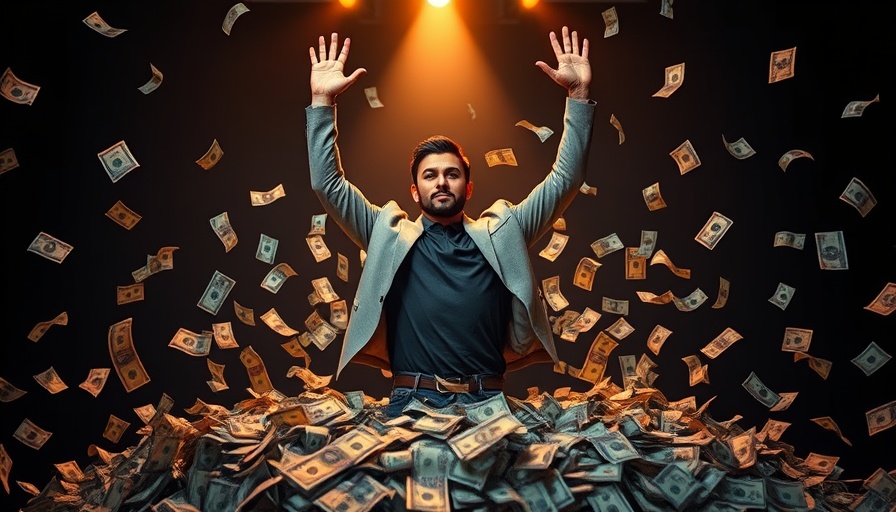 Manifest money concept with confident person and money piles.