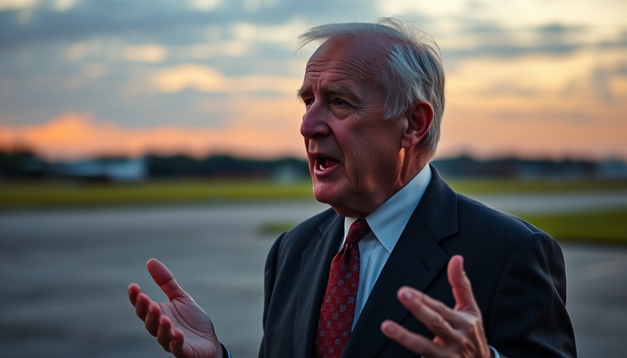 Man in dark suit with red tie speaking outdoors at dusk