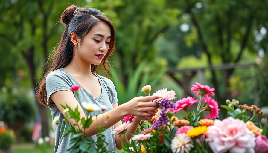 Young woman embracing healthy morning routines by arranging flowers.