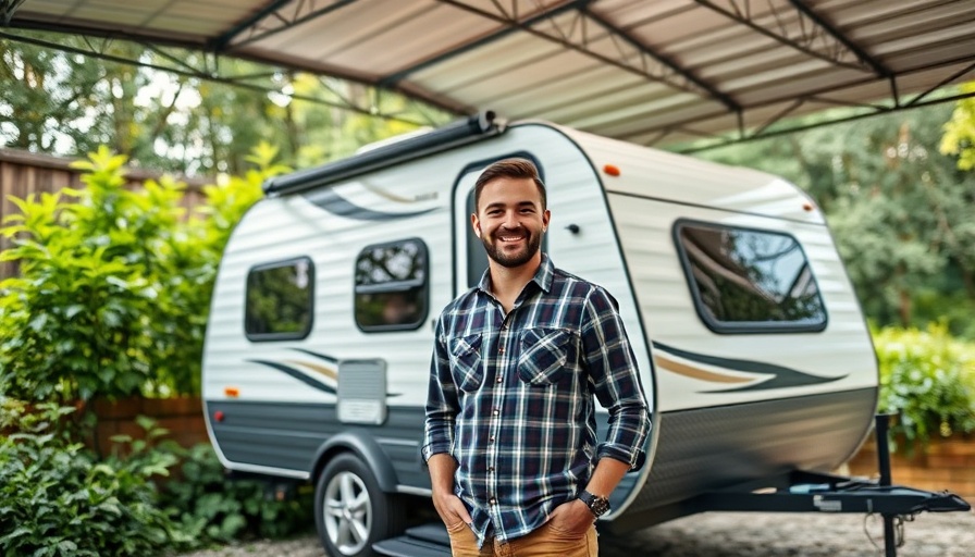 Man enjoying RV travel next to camping trailer in scenic woodland.