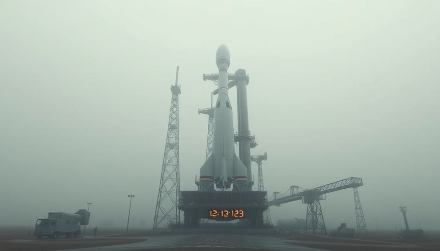 SpaceX rocket on launch pad with countdown paused, cloudy sky.