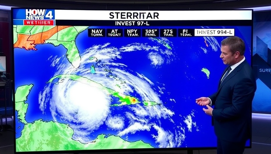 Invest 97-L tropical storm forecast on weather newscast screen
