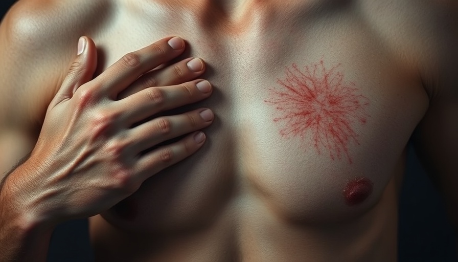 A person's torso showing skin irritation with text about managing skin issues.