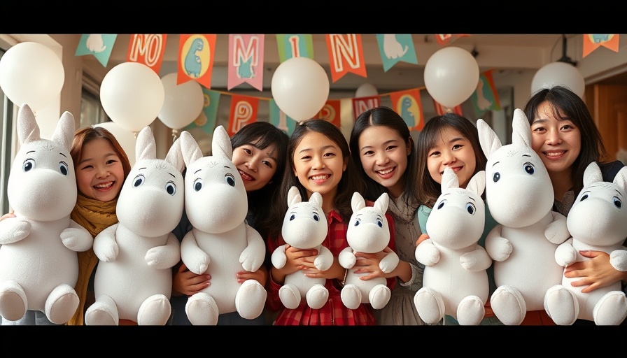 Moomins 80th Birthday Celebration with people and plush toys.