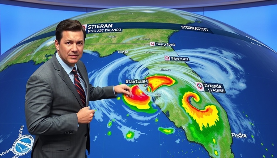Orlando weather updates with meteorologist displaying storm forecast.