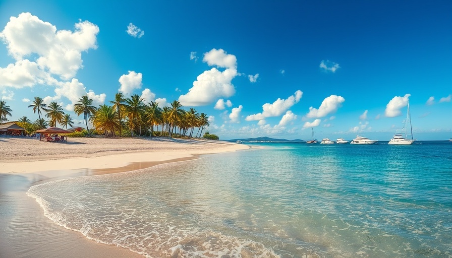Scenic view of Cayman Islands beach with boats and palm trees.