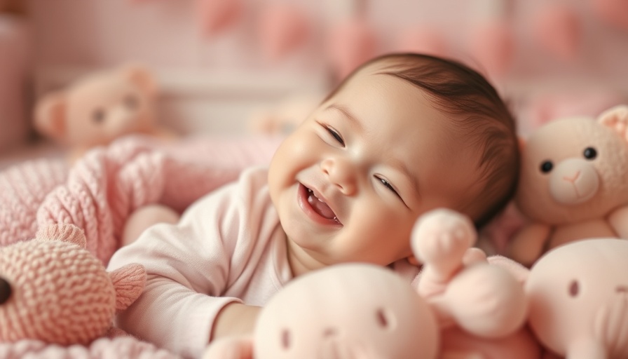Smiling baby with pink overlay, Health and Wellness focus.