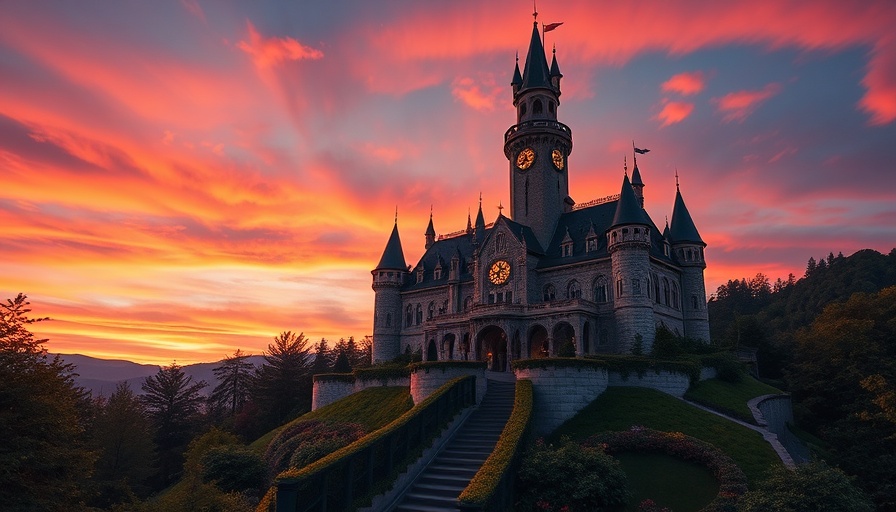 Majestic fairytale castle with glowing clock tower, manifest money theme.