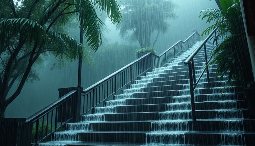 Torrential rainfall in Hong Kong flooding stairs amid greenery.