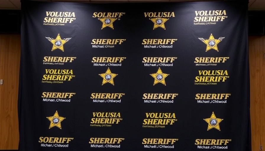 Volusia Sheriff backdrop with text logos in muted lighting.