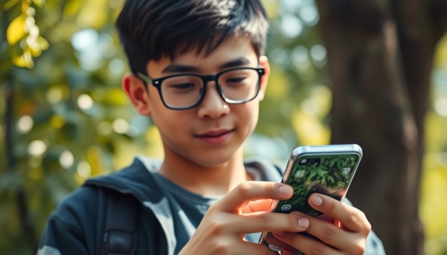 Young person using smartphone app to explore sounds of nature outdoors.