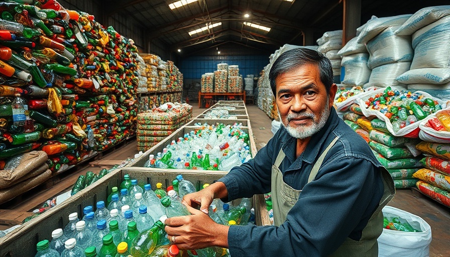 Worker sorting plastic bottles in warehouse, reduce reuse recycle theme