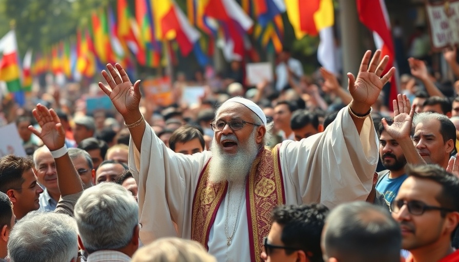 Pope Leo XIV leadership scene with a cheering crowd and banners.