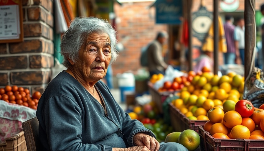 Older woman in Bolivian street market with fruit baskets.