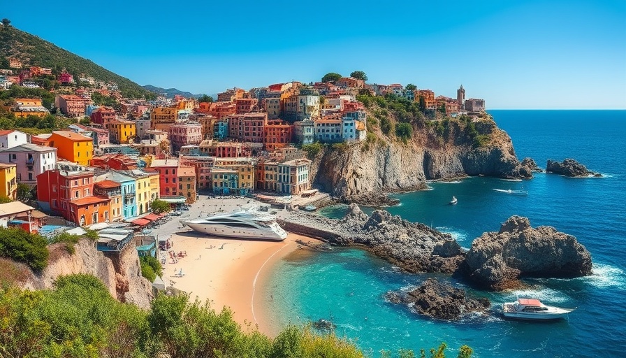 Vibrant travel destination with colorful coastal town and yachts.