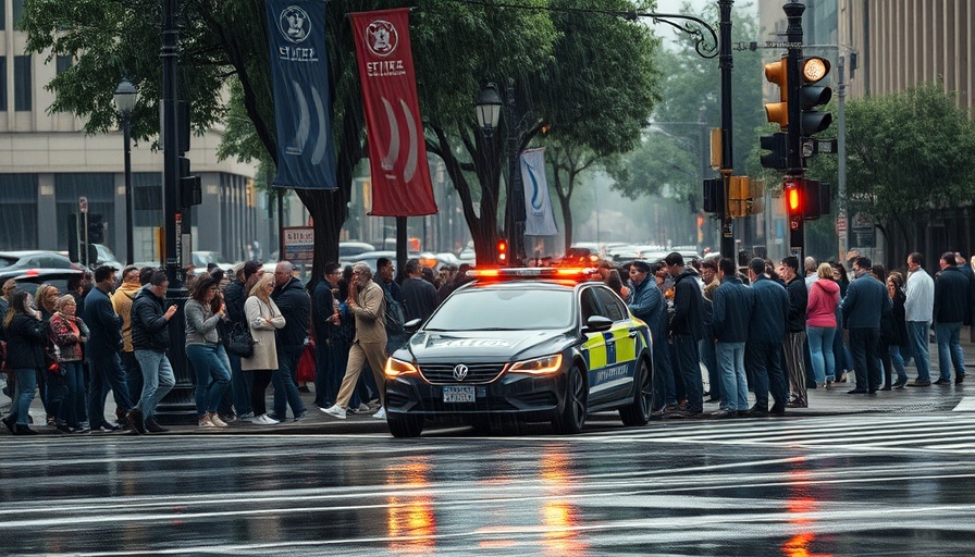 Crowd and police vehicle during rainy day related to shooter hoaxes in schools.