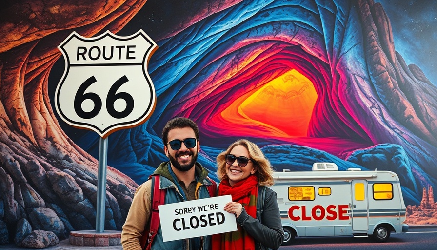 Postcard collage with Route 66 sign and travelers on RV trip.