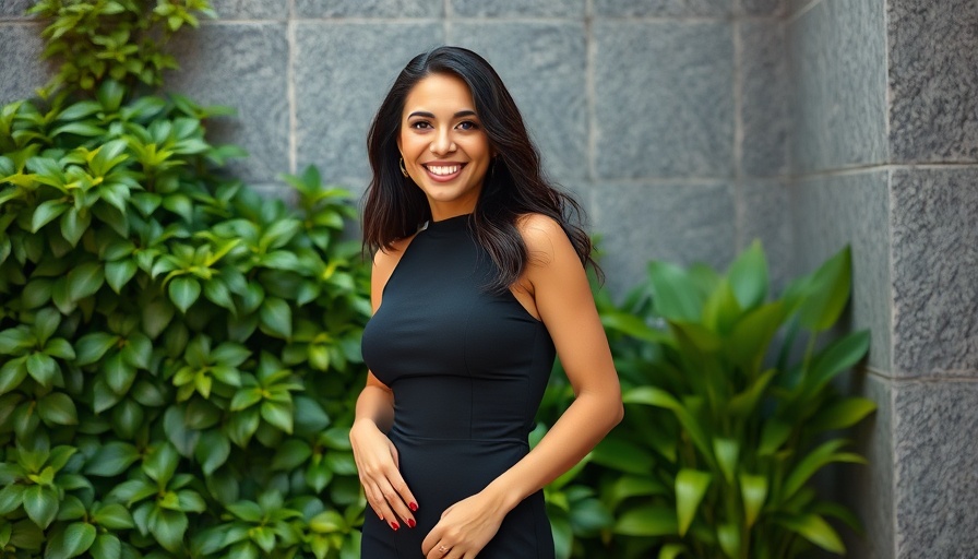 Stylish woman smiling confidently in black dress, green foliage background.