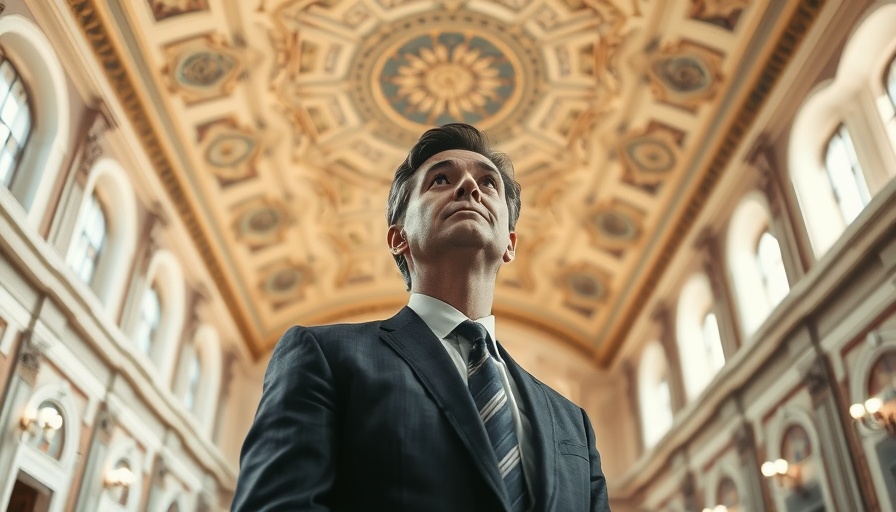 Confident man in suit standing indoors, soft lighting.