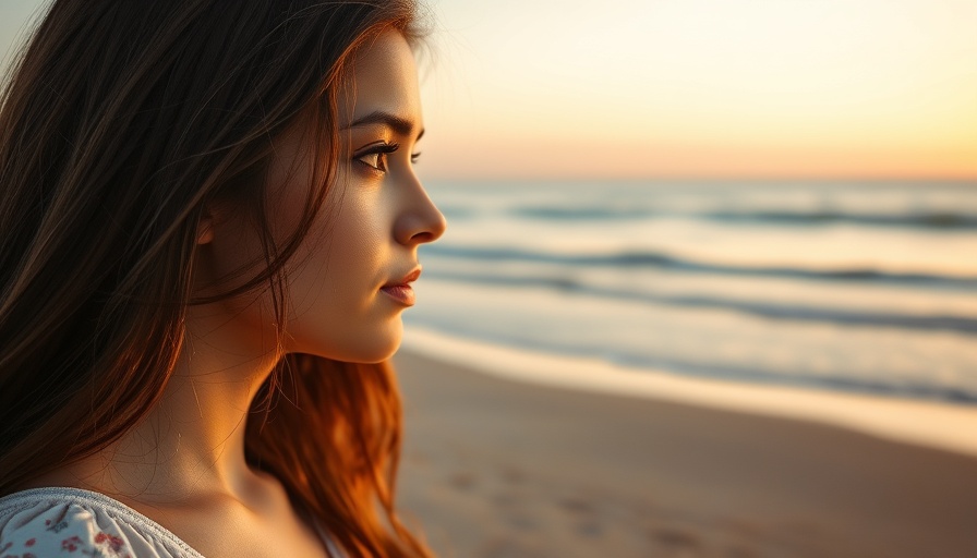 Calm woman reflecting on popular life advice at sunset beach.