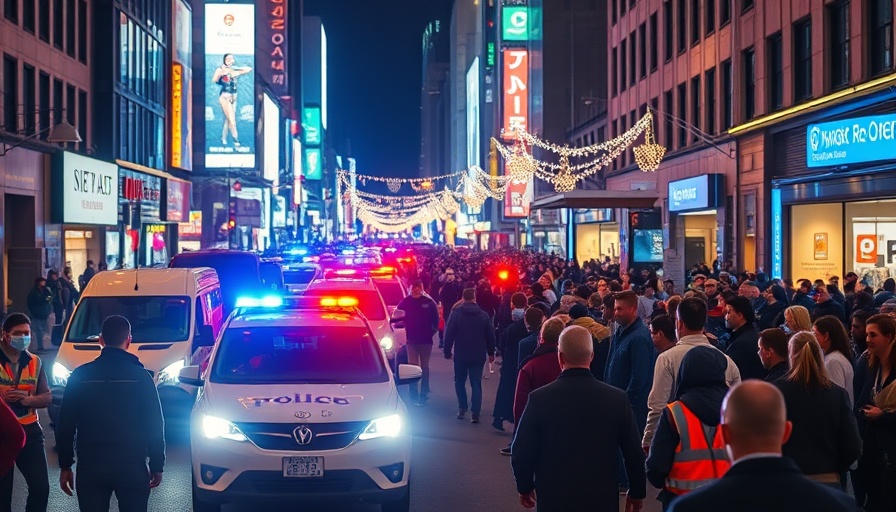 Orlando News: Police and crowd in vibrant nighttime city scene.