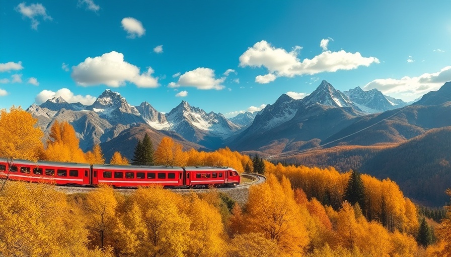 Scenic Views of Majestic Alps with autumn foliage and red train.
