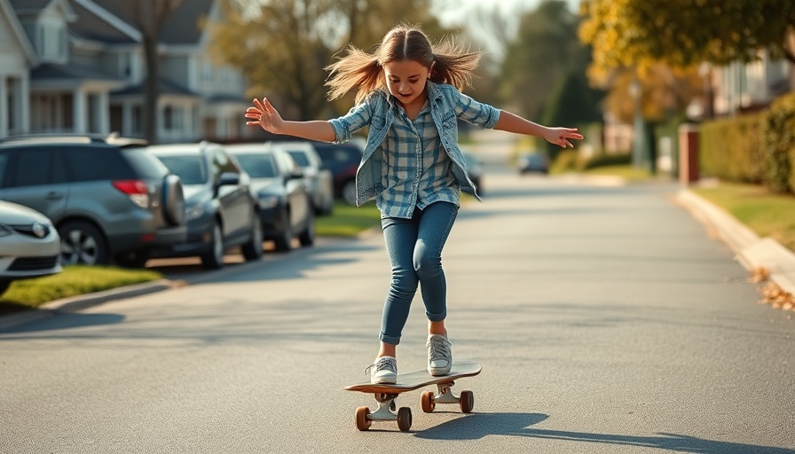 Child independence, young girl skateboarding on suburban street.