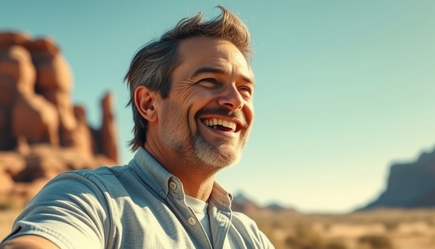 Middle-aged man enjoying RV travel in the desert.