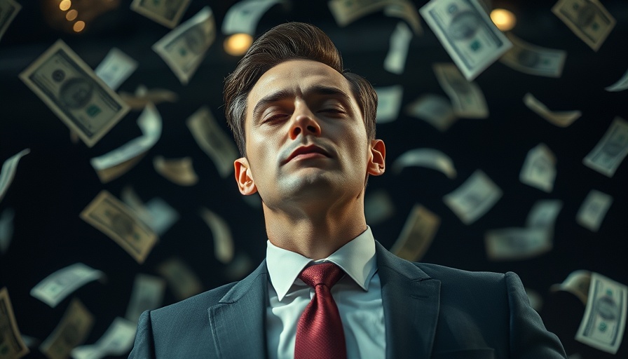 Man surrounded by falling money, manifest money theme.