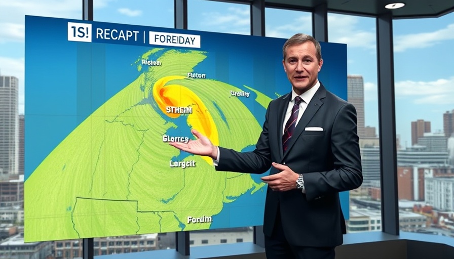 Weather presenter discussing Flood Risk in South Florida in a modern studio.