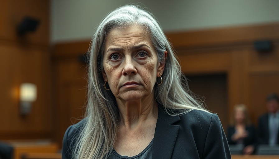 Woman accused of registering dog to vote in courtroom, serious expression.