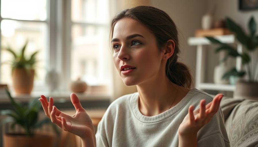 Calm young woman discussing spiritual awakening indoors with natural lighting.