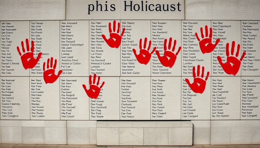 Holocaust memorial with red handprints, symbolizing unrest in France.