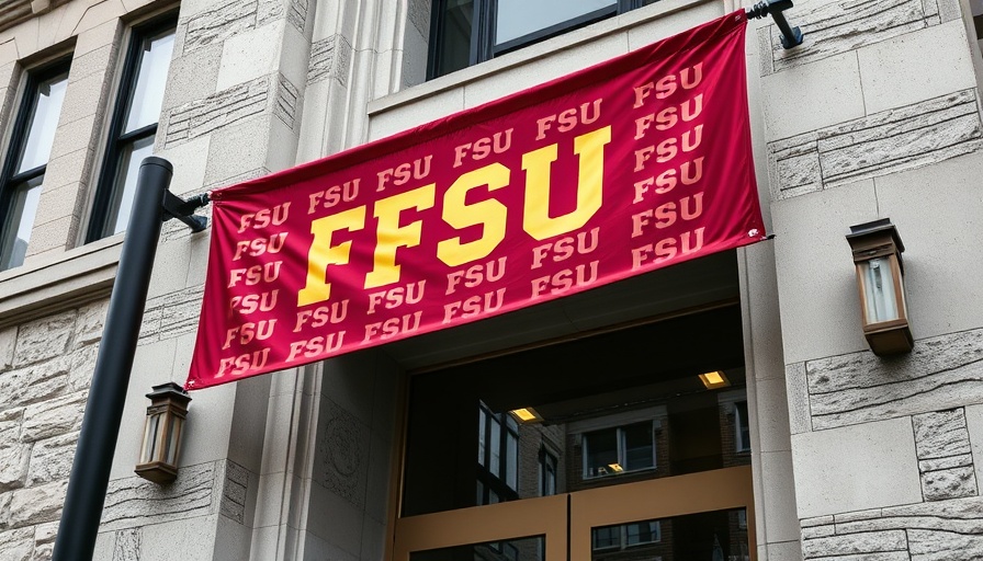 FSU banner on campus building with stone archway.