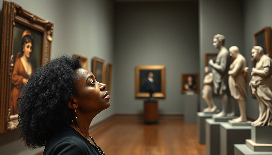 Woman observes portrait in art gallery, reflecting on historical pieces.