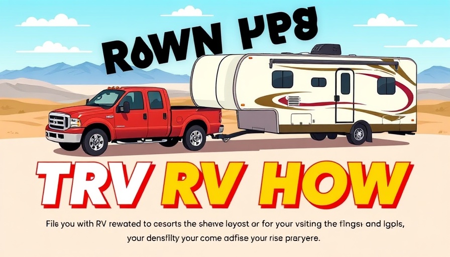 RV show promotional graphic with travel trailer and truck